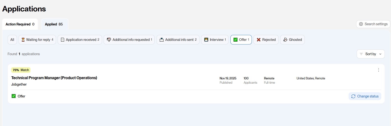 Hirener dashboard showing 85 applications submitted with one offer from Jobgether for Technical Program Manager remote role
